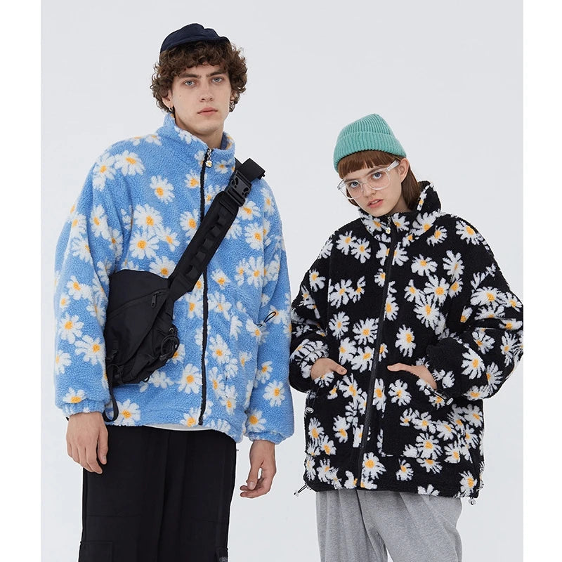 rainbowtouches cotton padded thick parkas jackets streetwear hip hop daisy print fleece warm full zip coats harajuku outwear urban fashion pants