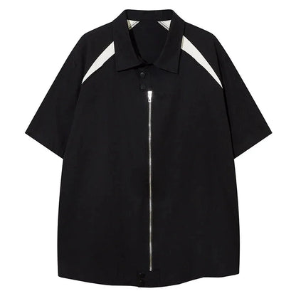 Men Shirts Patchwork Color Short Sleeve Shirt American High Street Zipper Polo Collar Blouse Harajuku Retro Punk Summer Top Street King Limited