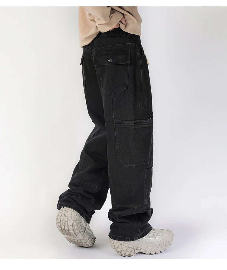 men american streetwear fashion loose casual hip hop wide leg black denim baggy jeans pants man y2k cargo jeans trousers unique cargo style 2230