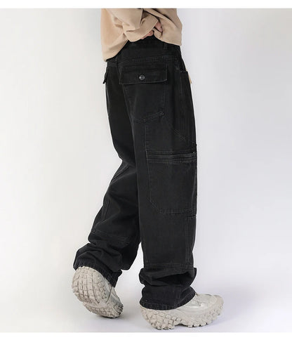 men american streetwear fashion loose casual hip hop wide leg black denim baggy jeans pants man y2k cargo jeans trousers unique cargo style 2230