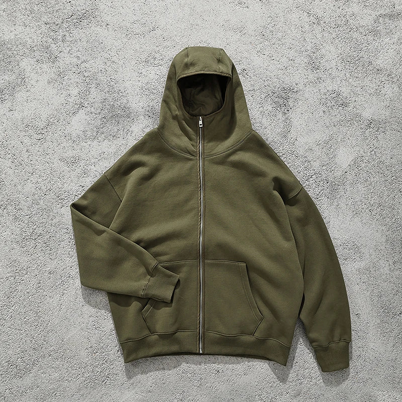 Streetwear Solid Color Ninja Zipper Hoodies Men's Fleece Turtleneck Cardigan Outdoor Oversized Hoody Plus Velvet Charge Coat Street King Limited