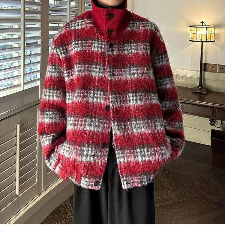 men turtleneck trendy brand fashion stripe christmas woolen bomber jacket women oversize plaid top coat outerwear unique default style 1149