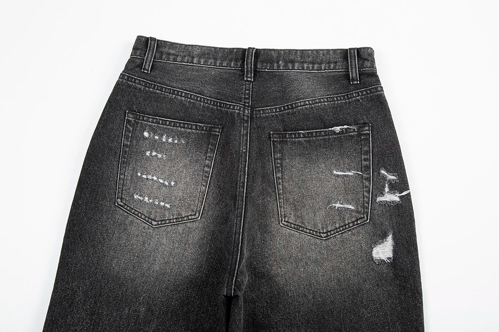 y2k frayed hole damaged washed black baggy jeans for men streetwear straight casual denim trousers ropa hombre loose cargo pants unique cargo style 2457