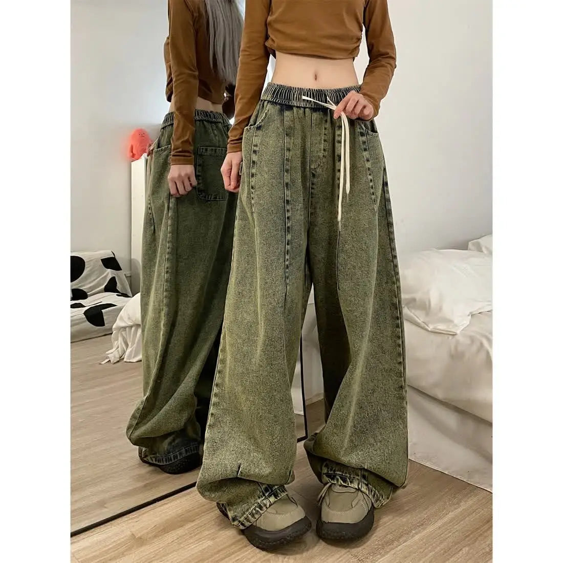 american retro trend personalized elastic band straight leg jeans for men and women loose and wide leg floor length casual pants vintage washed jeans