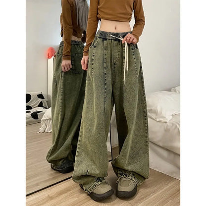 american retro trend personalized elastic band straight leg jeans for men and women loose and wide leg floor length casual pants vintage washed jeans