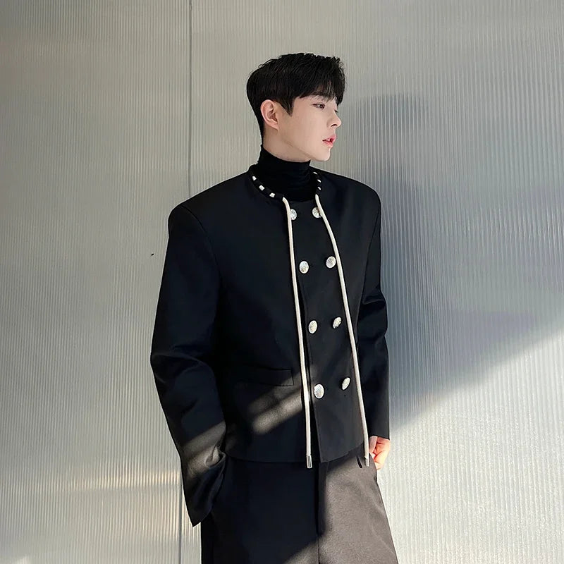 men double breasted drawstring collar loose casual fashion short jacket male korean streetwear vintage coat man relaxed fit shorts