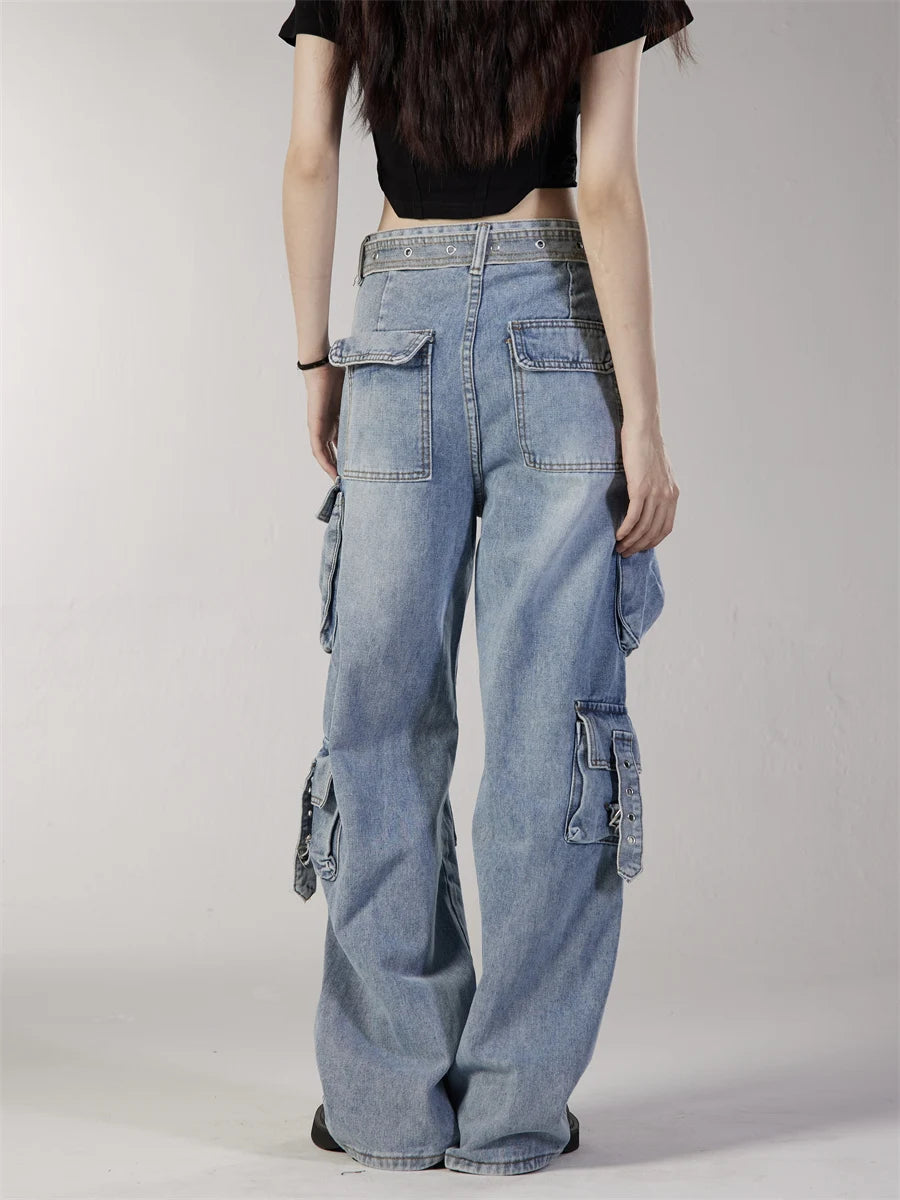 fashion loose streetwear cargo denim jeans unisex casual multi pocket straight jean pants with belt hip hop joggers baggy jeans unique joggers style 2698