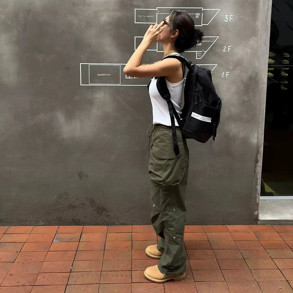 y2k high street multi pockets pleated drawstring cargo pants for men straight pantalones hombre baggy trousers oversized unique cargo style 765