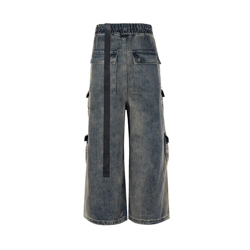 RO Style Gradient Ribbons Multi-pockets Drawstring Jeans for Men Harajuku Streetwear Baggy Y2K Denim Trousers Oversized Cargos Street King Limited