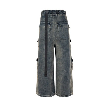 RO Style Gradient Ribbons Multi-pockets Drawstring Jeans for Men Harajuku Streetwear Baggy Y2K Denim Trousers Oversized Cargos Street King Limited