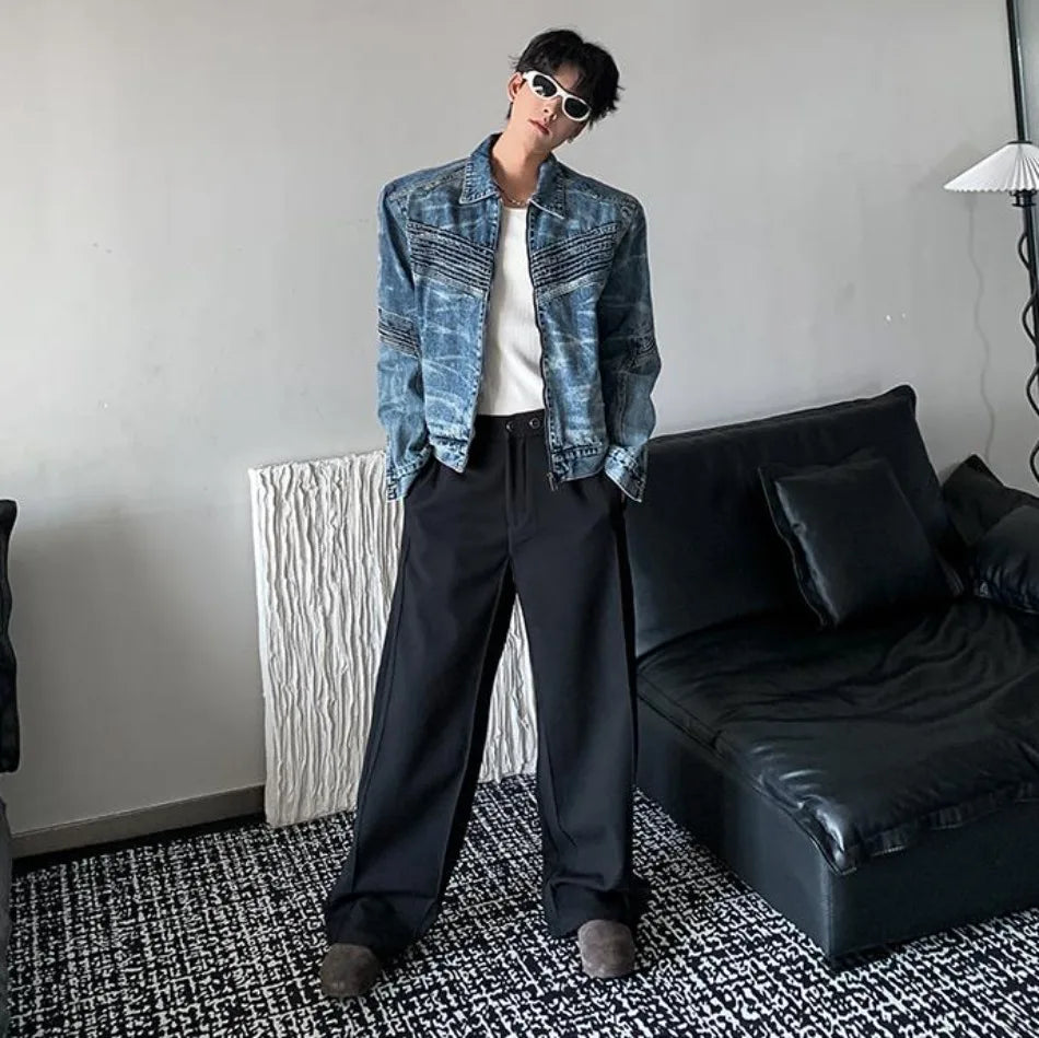 vintage washed mens denim jacket heavy weight high street contour pleat design cowboy coats short motorcycle hip hop outwear unique jeans style 3700