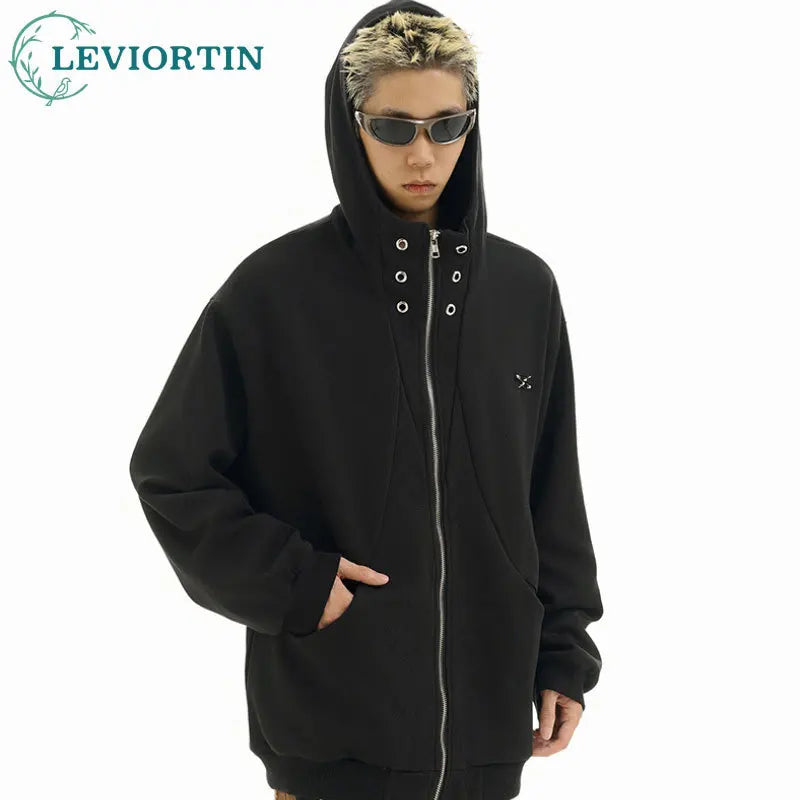 high street men structure line high collar hoodie jacket autumn winter rascal handsome versatile casual zipper coat unisex relaxed fit trousers