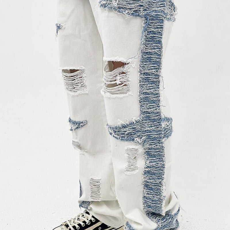mens high street denim jean pants casual loose destroyed ripped holes straight jeans side patchwork hip hop streetwear joggers unique joggers style 1739