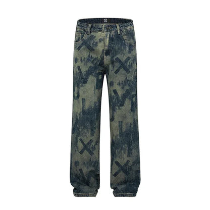 men loose casual american high street hip hop vibe printed denim baggy jeans pants man streetwear ripped jeans trousers unique jeans style 2981