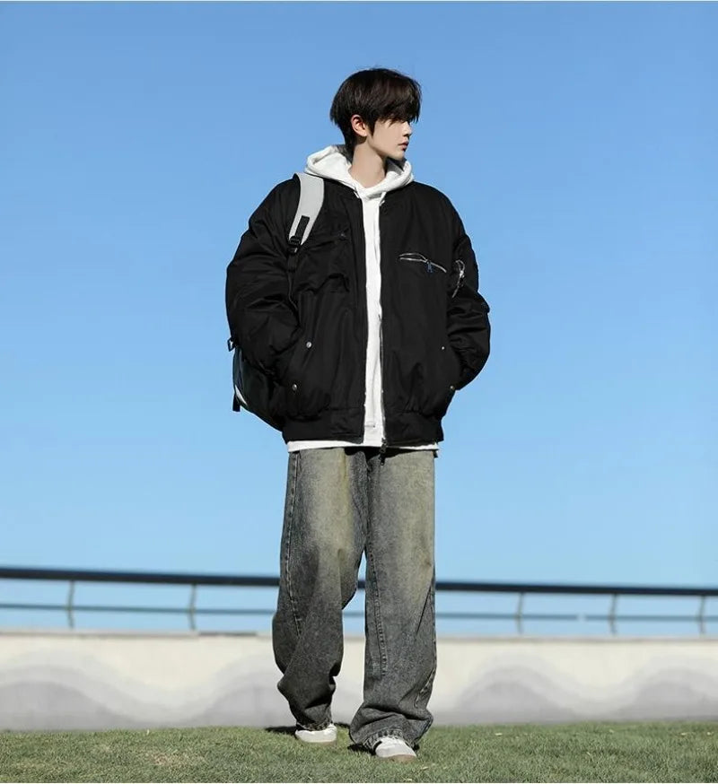 High Street Pilot Cotton Jackets Mens Thickening Winter Tooling Trendy Profile Warm Bomber Coats Unisex Baseball Collar Parkas Street King Limited