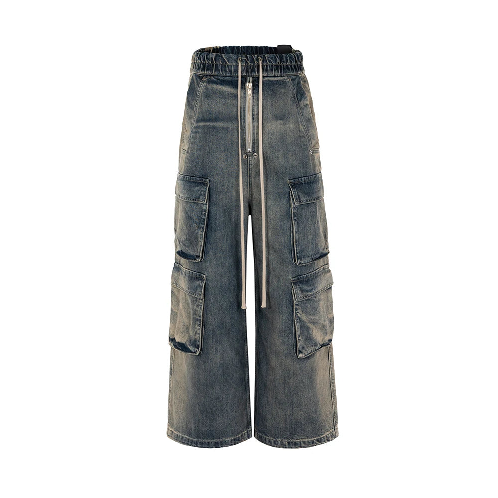 RO Style Gradient Ribbons Multi-pockets Drawstring Jeans for Men Harajuku Streetwear Baggy Y2K Denim Trousers Oversized Cargos Street King Limited