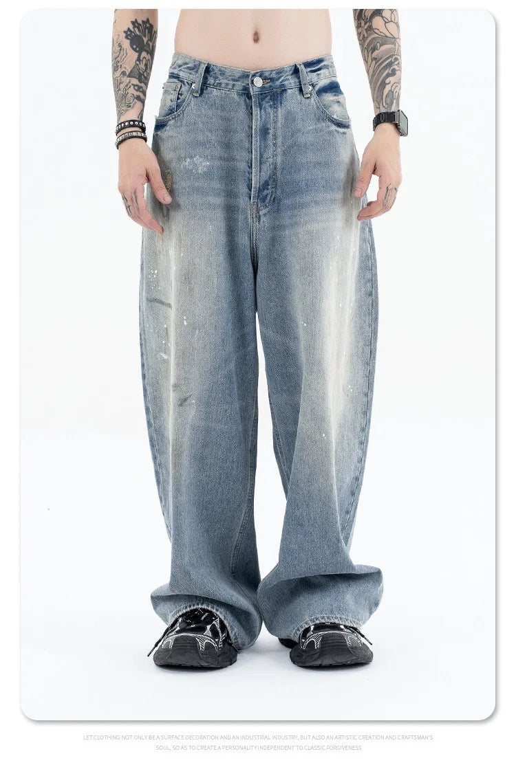 Splashing ink to wash old baggy retro jeans Street King Limited