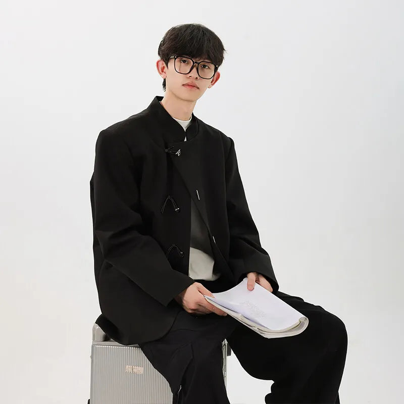 men fashion streetwear vintage stand collar loose casual black suit blazer jacket couple spring autumn coat outerwear menswear bottoms