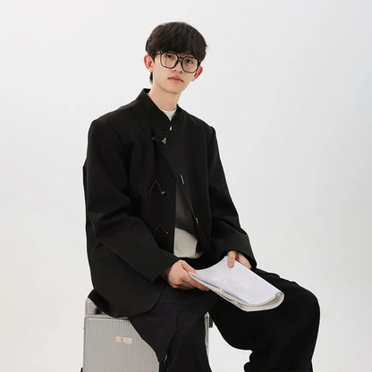 men fashion streetwear vintage stand collar loose casual black suit blazer jacket couple spring autumn coat outerwear menswear bottoms