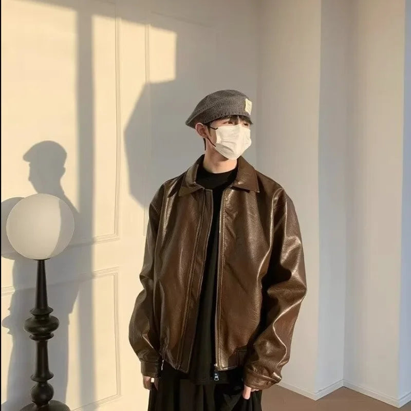 new retro short pu leather jacket mens brown japanese hip hop bomber coats motorcycle punk trend windbreaker y2k streetwear casual urban shorts