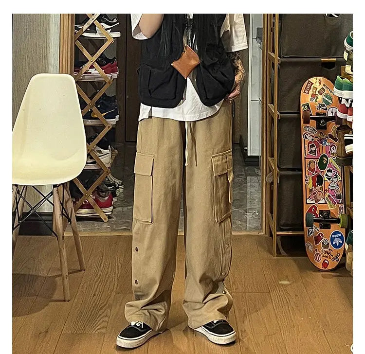 Fashionable Korean style gothic buttoned overalls pants men summer Harajuku street y2k hip hop casual retro sports pants Street King Limited
