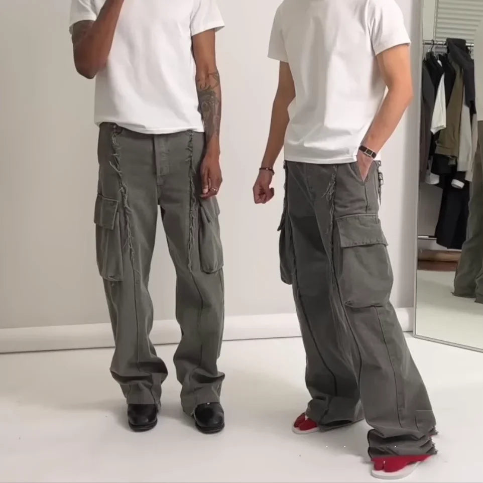 y2k streetwear tassel multi pocket jeans for men straight solid baggy cargo pants pantalones hombre casual denim trousers 1 unique cargo style 603