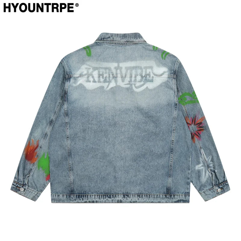 men harajuku graffiti denim jacket and coat fashion hip hop long sleeve jean patchwork outerwear casual streetwear jeans jackets stacked flare jeans