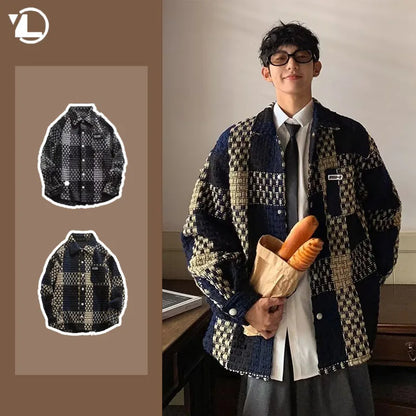 high street lattice mens jackets woven fabric single breasted loose harajuku shirt coats letter embroidered casual male tops minimalist street pants