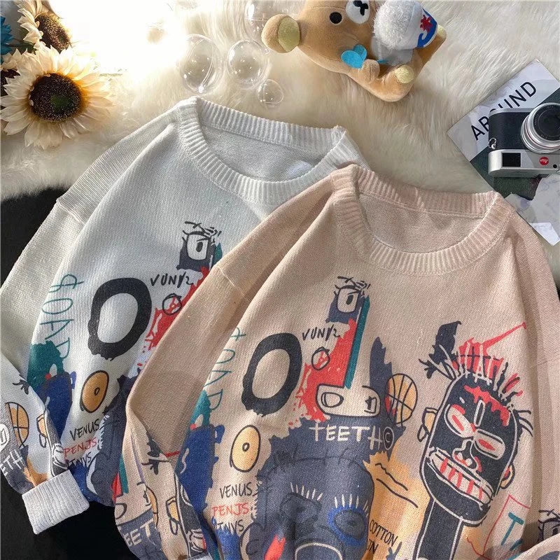 Rainbowtouches Men Sweaters High Street Graffiti Crew Neck Trendy Vintage Knitted Sweater Spring And Autumn Mens Clothing Street King Limited