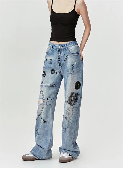 men baggy ripped jeans graffiti printed straight denim pants distressed jeans male streetwear hip hop jeans trousers y2k unique jeans style 5507