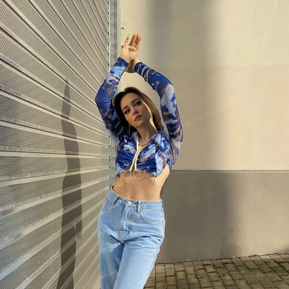 Spring Aesthetic Vintage Blue Tie Dye Elastic Slim Sexy Crop Tops Long Sleeve Hollow V-neck Woman Tshirts Streetwear Hot Girl Street King Limited