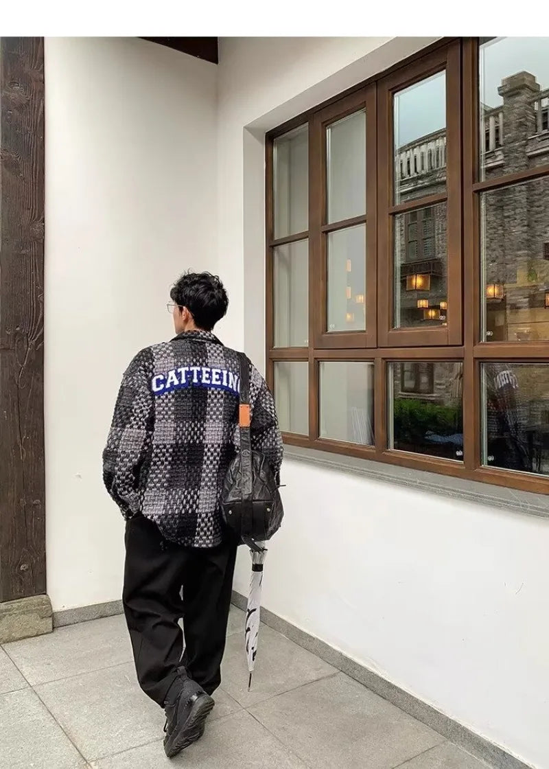 high street lattice mens jackets woven fabric single breasted loose harajuku shirt coats letter embroidered casual male tops unique default style 1814