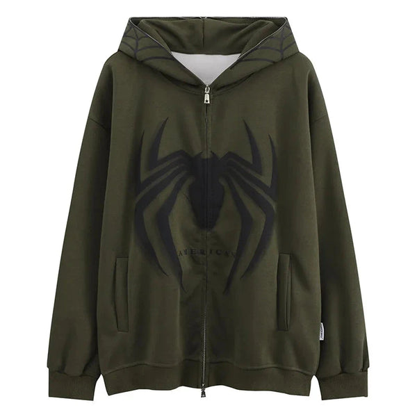 Men Full Zip Up Hoodie Spider Web Graphic Sweatshirt Harajuku Vintage Oversized Cardigan Streetwear Y2K Clothes Unisex Street King Limited