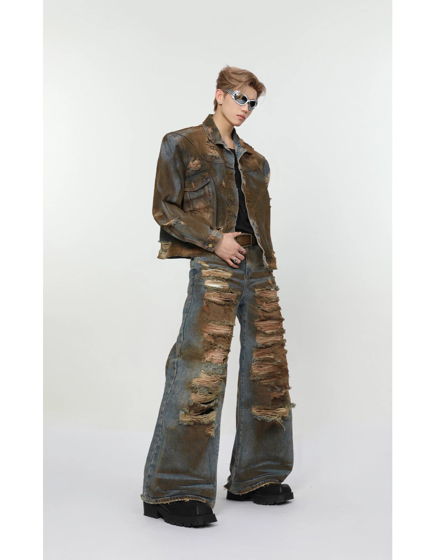 2 pieces sets mens dirty graffiti wide shouder denim jeans jacket coat and ripped holes wide legs pants joggers streetwear sets unique joggers style 3541