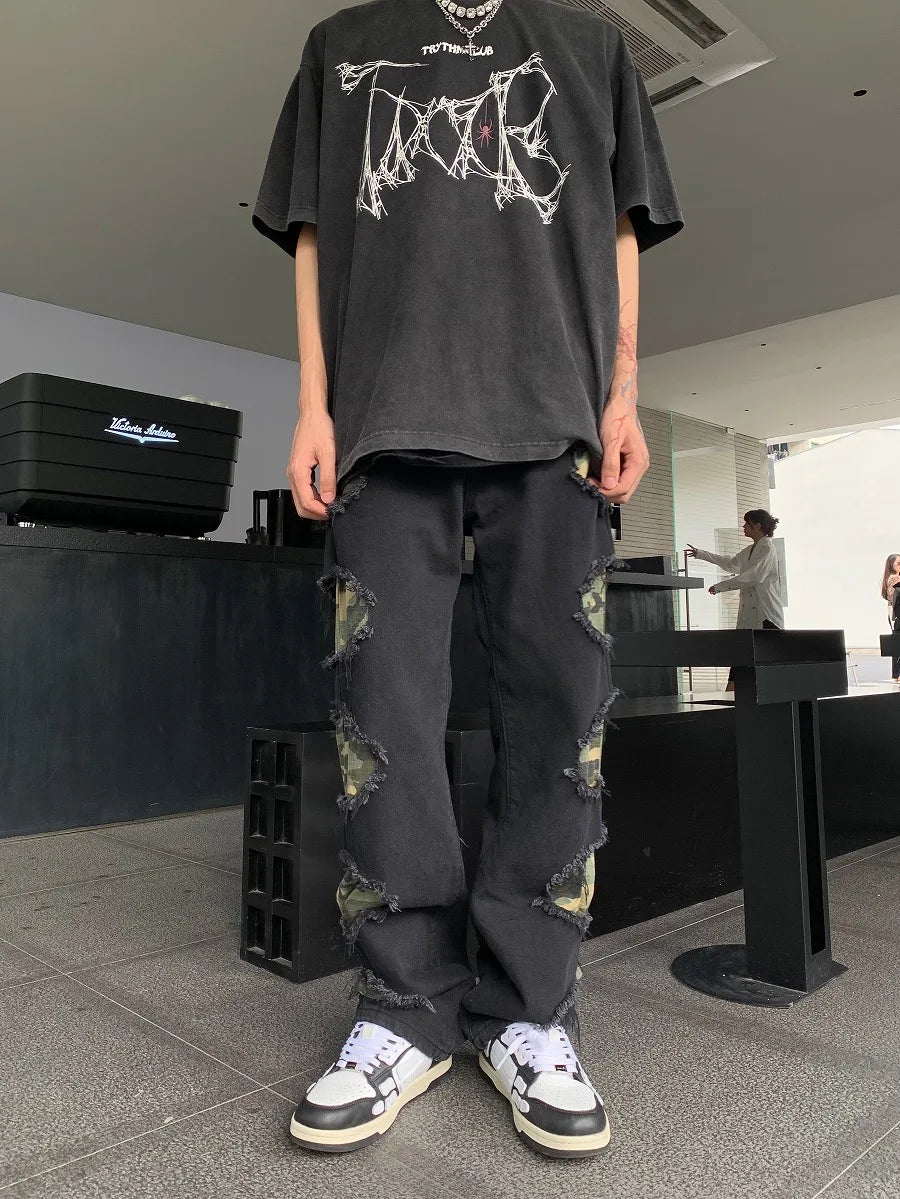 side destroyed ripped holes denim jeans pants mens casual patchwork camouflage loose straight joggers hip hop streetwear jeans unique joggers style 3073
