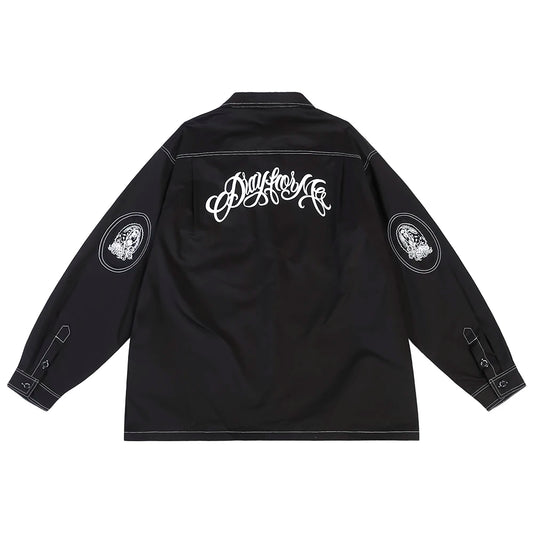 Trees Print On the Neck Black Long Sleeve Shirts for Men High Street Baggy Y2k Camisas Oversized Harajuku Casual Clothing Street King Limited