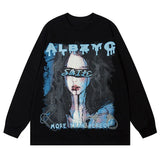 Streetwear Men Cartoon Blindfolded Girl Graphic O-neck Sweatshirt Hit Color Letter Print Oversized Rib Sleeve Pullover 2 Colors Street King Limited