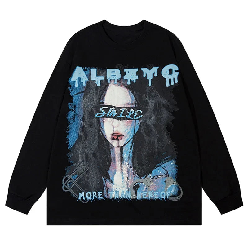 Streetwear Men Cartoon Blindfolded Girl Graphic O-neck Sweatshirt Hit Color Letter Print Oversized Rib Sleeve Pullover 2 Colors Street King Limited