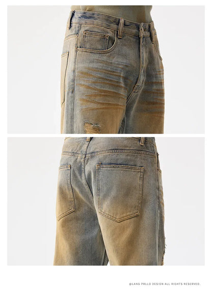 men patch hole distressed plus size denim pant ripped jeans streetwear fashion hip hop vibe loose casual baggy jeans trousers 40 unique jeans style 3086