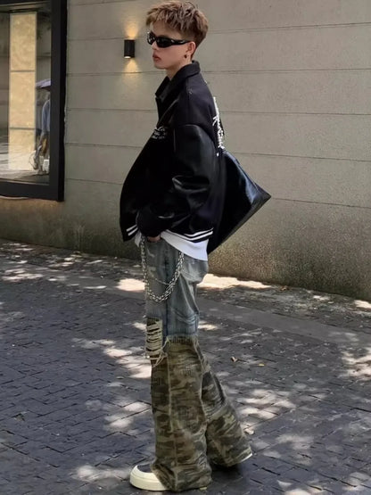 Trendy Camo Cowboy Cargo Pants Mens Spring Autumn Elasticity Fashion Harajuku Patchwork Straight Jeans New Washed Denim Trousers Street King Limited