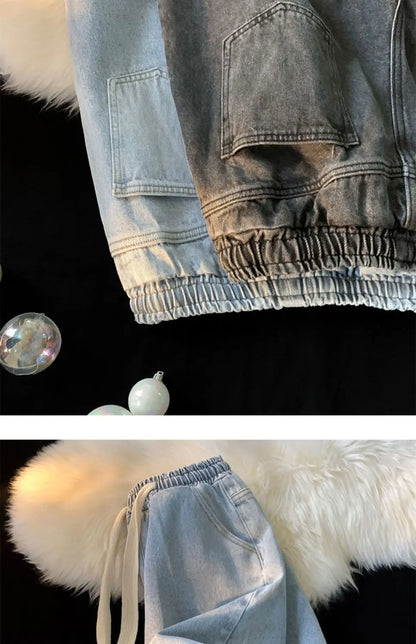 American denim shorts men's summer thin denim shorts elastic waist loose American retro high street pants men clothing y2k tops Street King Limited
