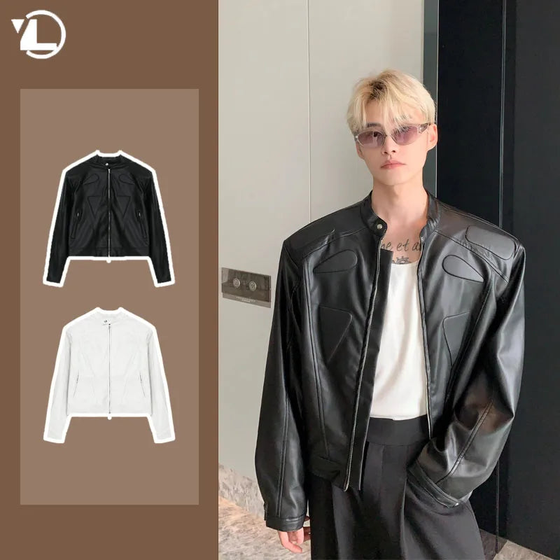 high street motorcycle pu leather jacket men hip hop trend shoulder padded coat street fashion stand collar zipper short outwear relaxed fit shorts