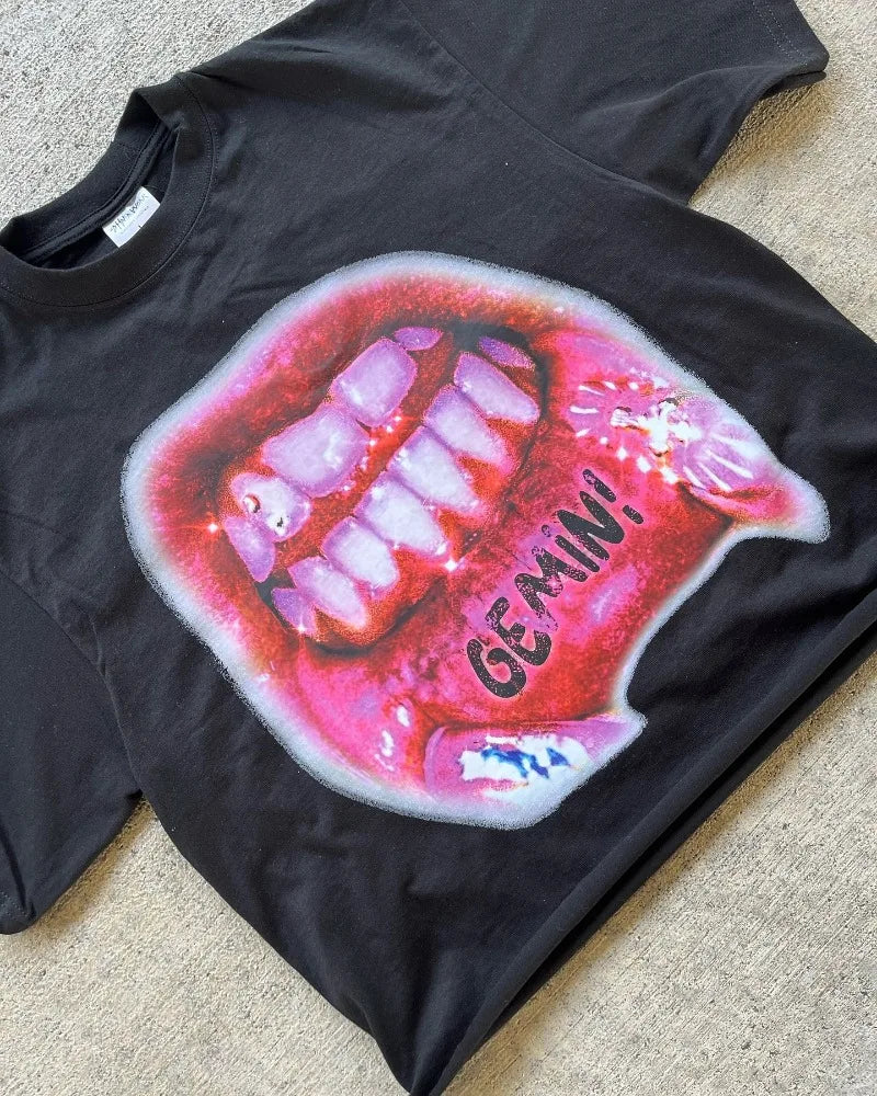Trendy Gothic Big Mouth Graphic Printed Oversized T-shirt Women's 2024 New Summer Round Neck Loose Harajuku All-match Shirt Top Street King Limited