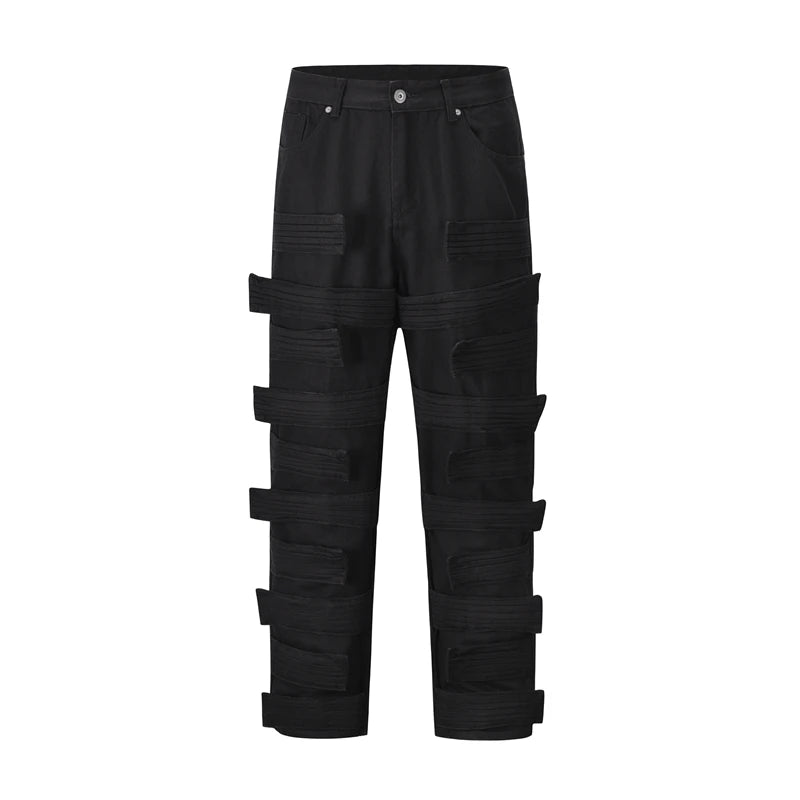 high street magic tape solid color straight jeans cargo pants mens retro harajuku vibe style baggy casual denim trousersrs utility cargo pants