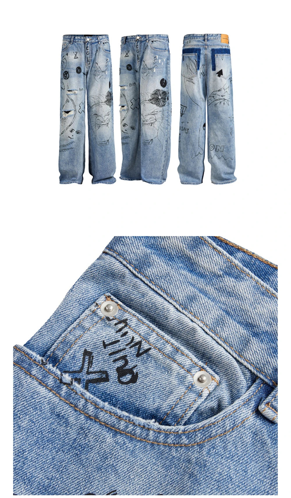 men baggy ripped jeans graffiti printed straight denim pants distressed jeans male streetwear hip hop jeans trousers y2k unique jeans style 5502