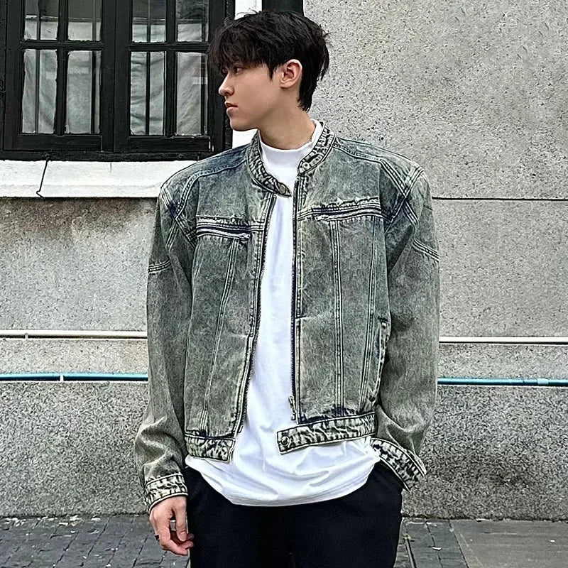 male denim jackets high street shoulder pad design patchwork solid men short coats american style loose short outwear zipper unique jeans style 3949