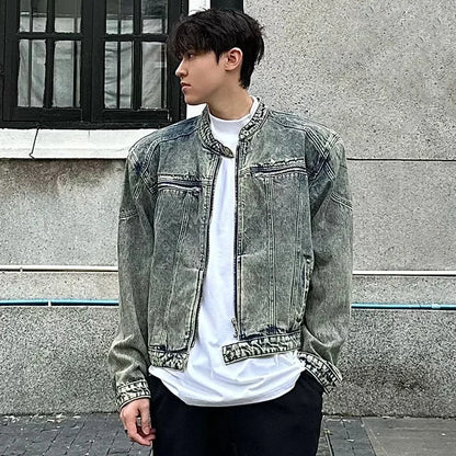 male denim jackets high street shoulder pad design patchwork solid men short coats american style loose short outwear zipper unique jeans style 3949