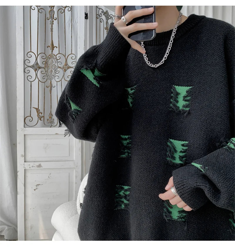 2025 New Ripped Design Crewneck Sweater For Men High Street Patchwork Knitted Jumpers Y2K Vintage Christmas Knitwear Pullovers Street King Limited