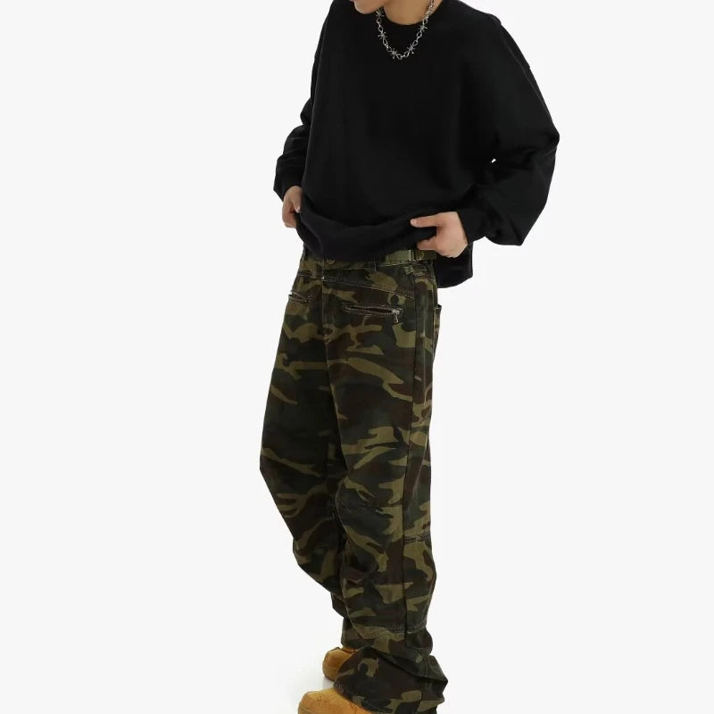 2024 High Street Mens Camouflage Straight Leg Jeans American Trend Tooling Denim Pants Zipper Multiple Pockets Cowboy Trousers Street King Limited
