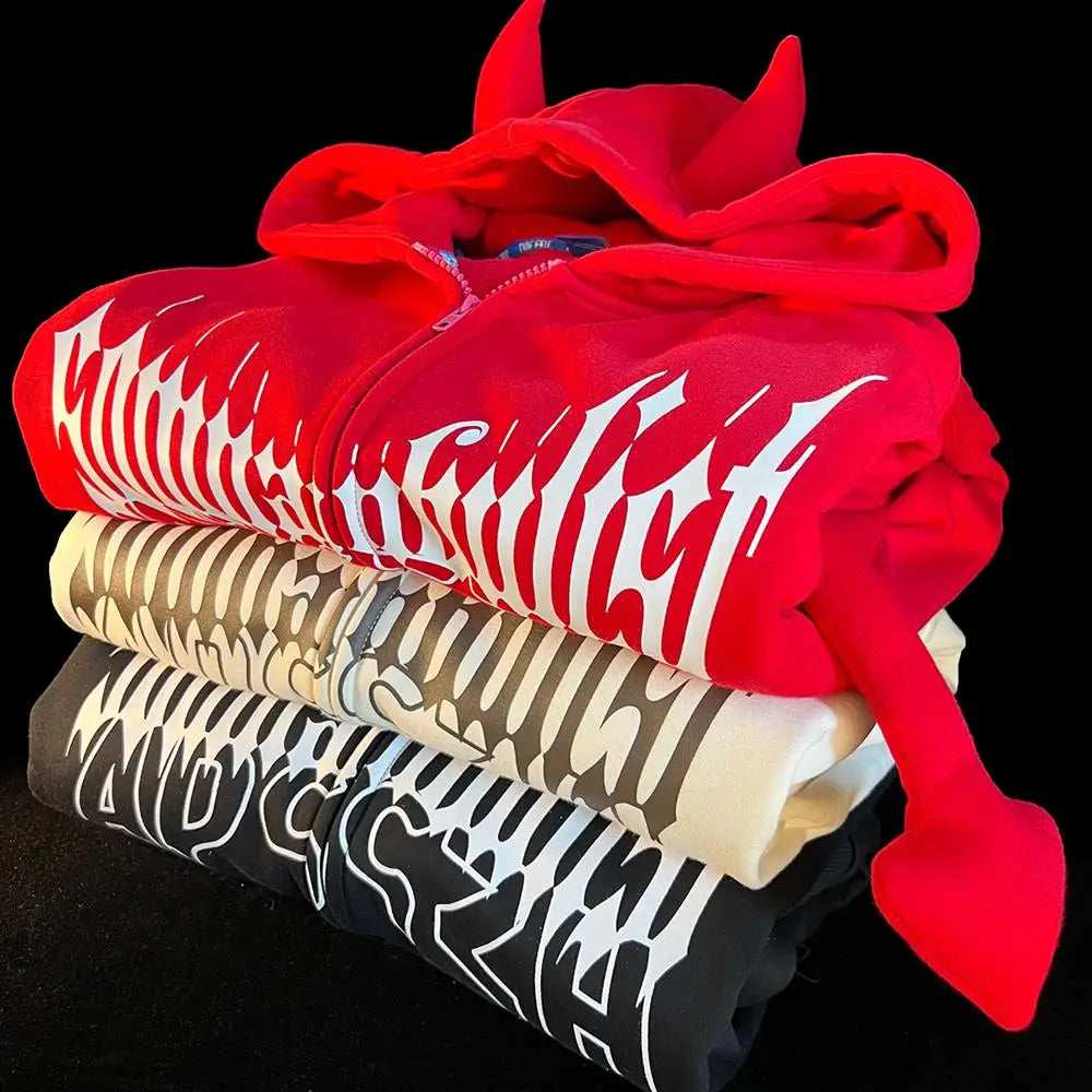 Y2K Kawaii Devil Horn Tail Hip Hop Badge Print Hoodies Cardigan Couples Street Loose Casual Zip Up Sweatshirt Harajuku Clothes Street King Limited